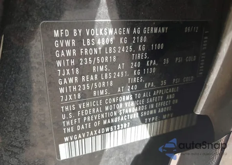 2013 Volkswagen Tiguan Se from USA, damaged, VIN WVGAV7AX4DW513387